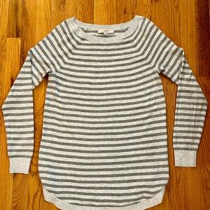 LOFT Heather Gray Striped Crew Neck Sweater